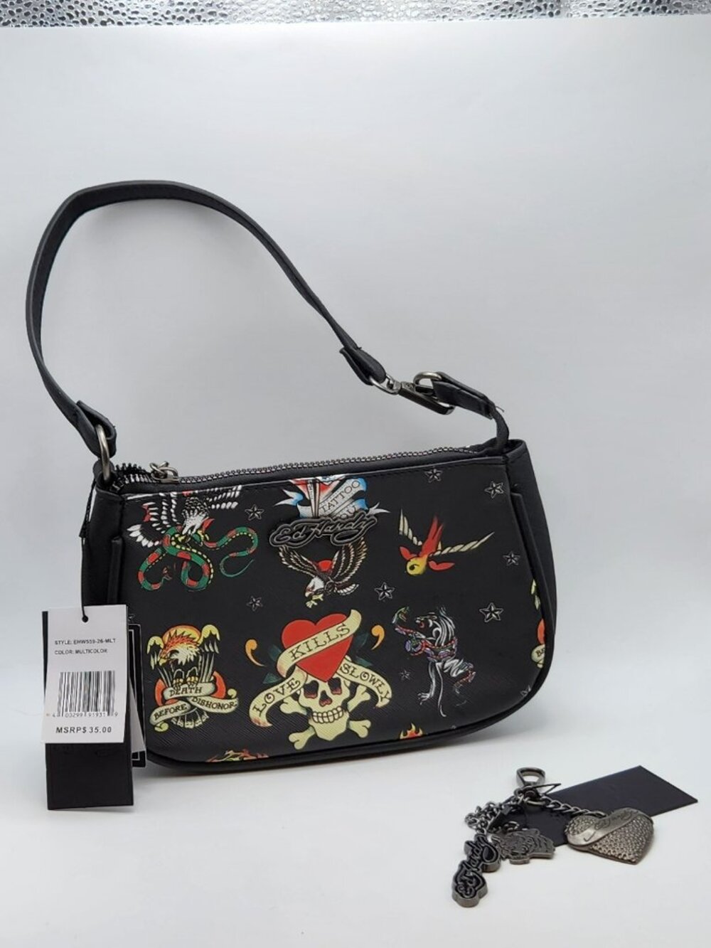 Ed Hardy wristlet & key chain black vegan NWT